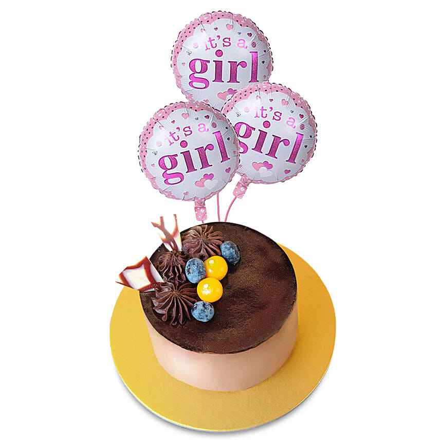 Tempting Chocolate Cake With It's Girl Balloons Set: Cakes For New Borns