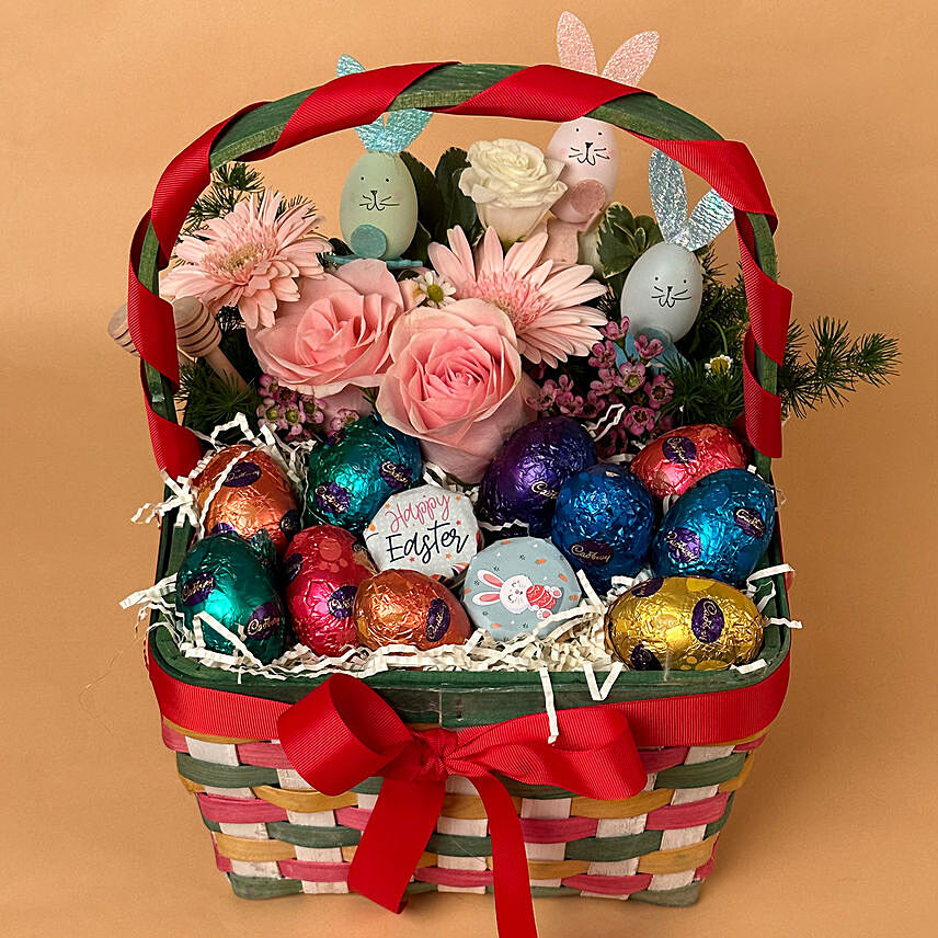 Flower With Bunny and Chocolates Basket for Easter: Easter Gift Ideas