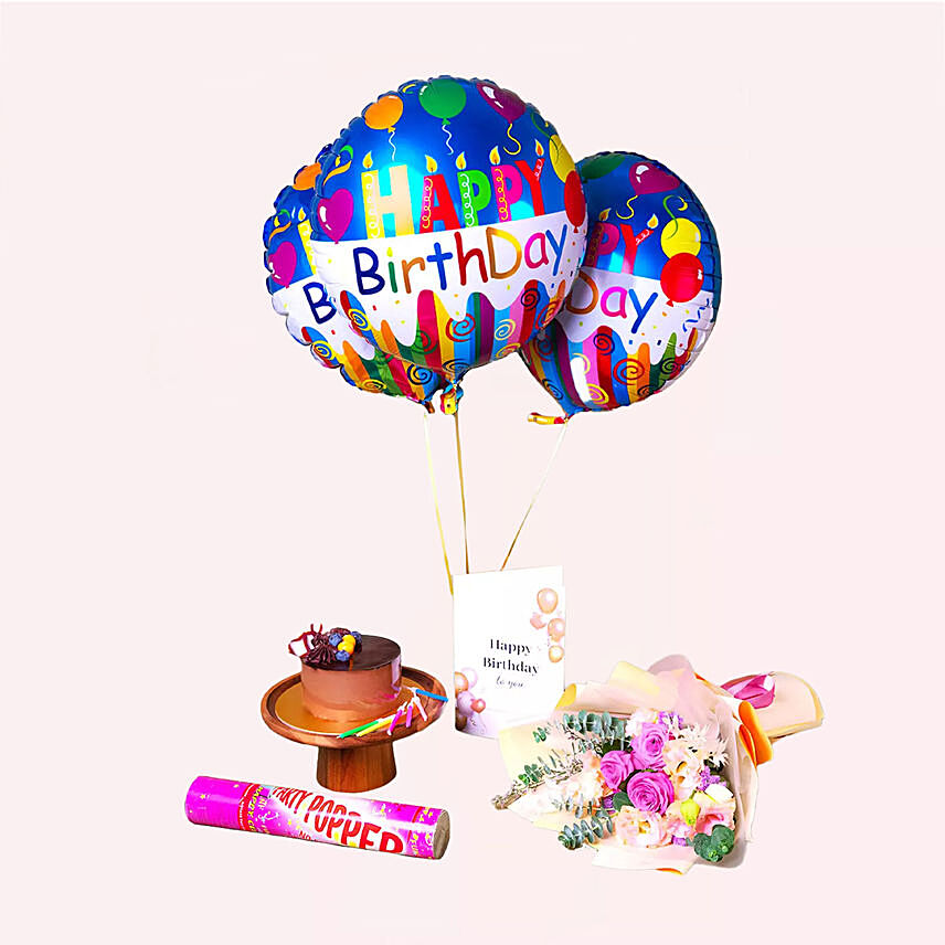 Happy Birthday Gift Arrangement: Flowers N Balloons