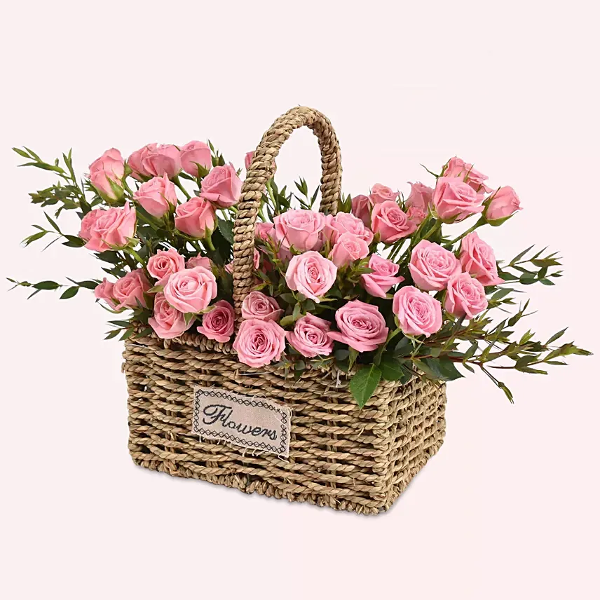 Pink Spray Rose in Small Basket: Flowers Delivery Same Day