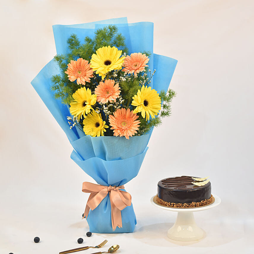 Lovable Gerbera Bouquet With Cake: Flowers With Cake 