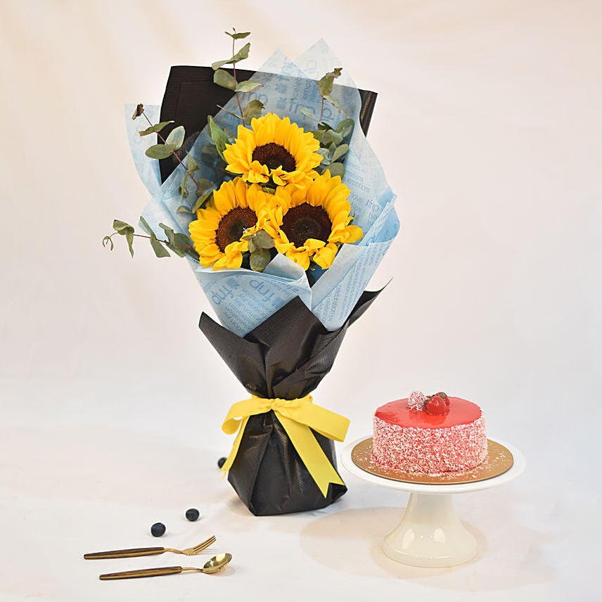 Bright Sunflower Bouquet With Cake: Fathers Day Bouquets