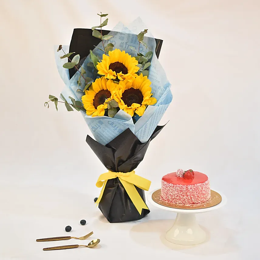 Bright Sunflower Bouquet With Cake: Flower Arrangements With Cake