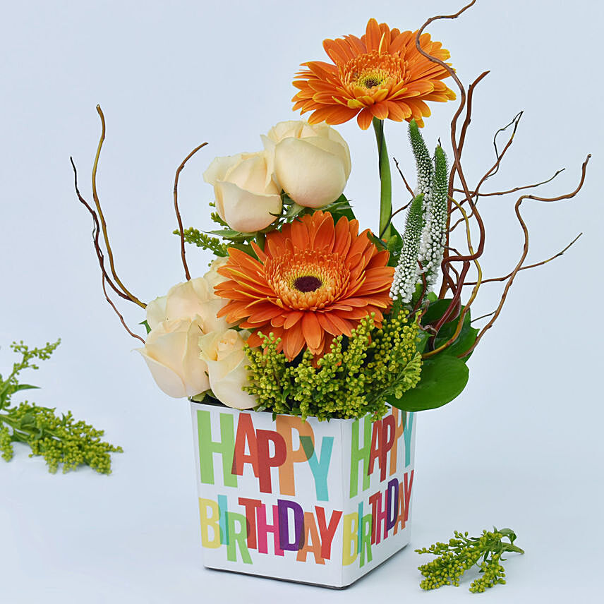 Gerbera and Roses Birthday Vase: Flower Arrangements