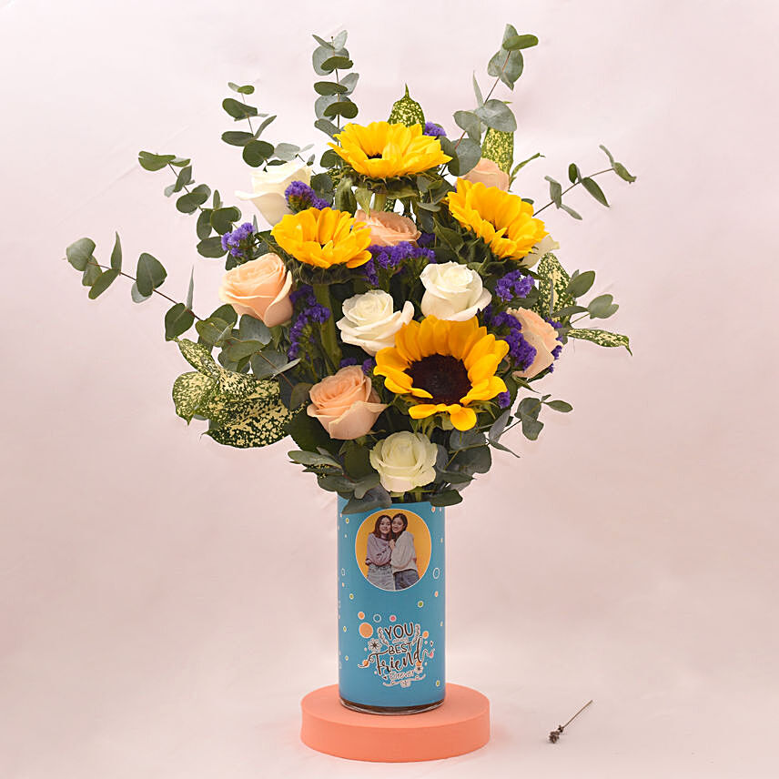 Captivating Sunflower and Roses In Cylindric Personalised Glass Vase: Personalised Gifts Singapore