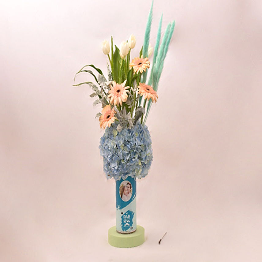 Luring Tulips With Hydrengea In Cylindrical Personlised Glass Vase: Fathers Day Personalised Gifts