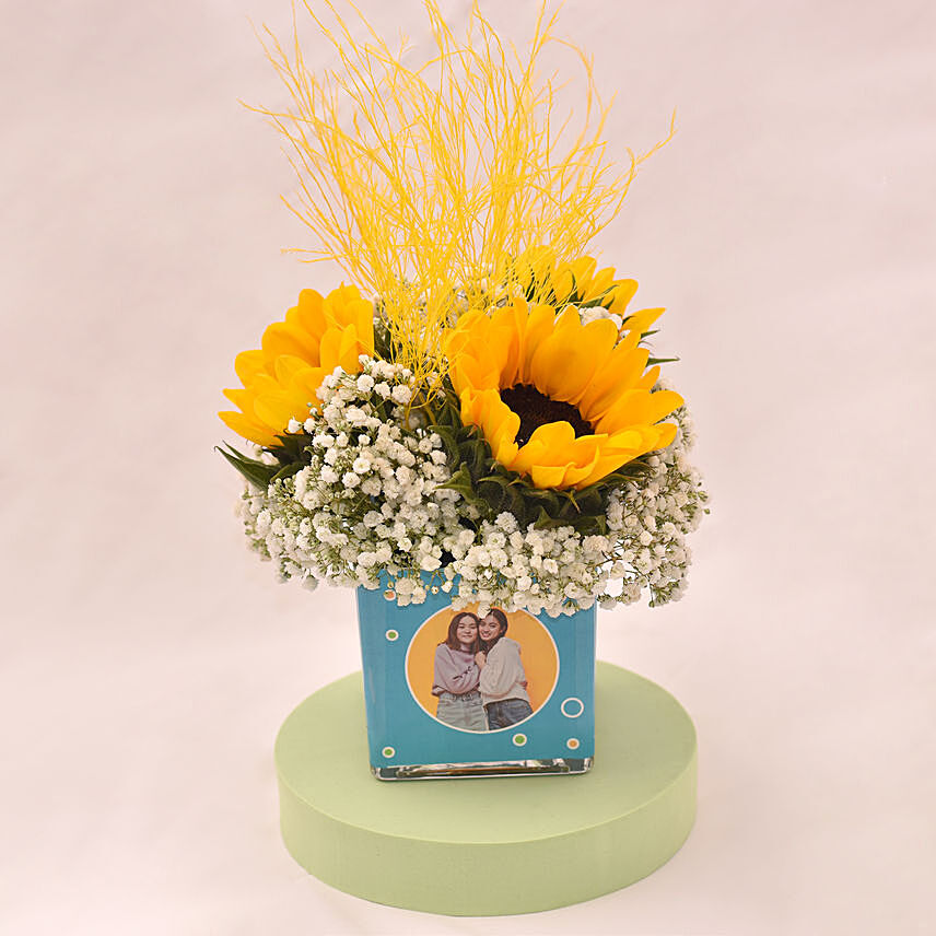 Stunning Sunflower In Square Persomlised Glass Vase: Baby's Breath Bouquets