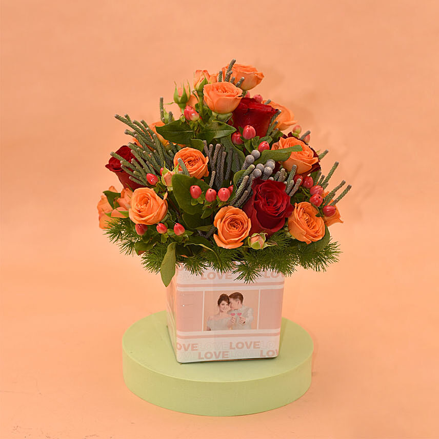 Tempting Roses In Square Personlised Glass Vase: Orange Bouquets