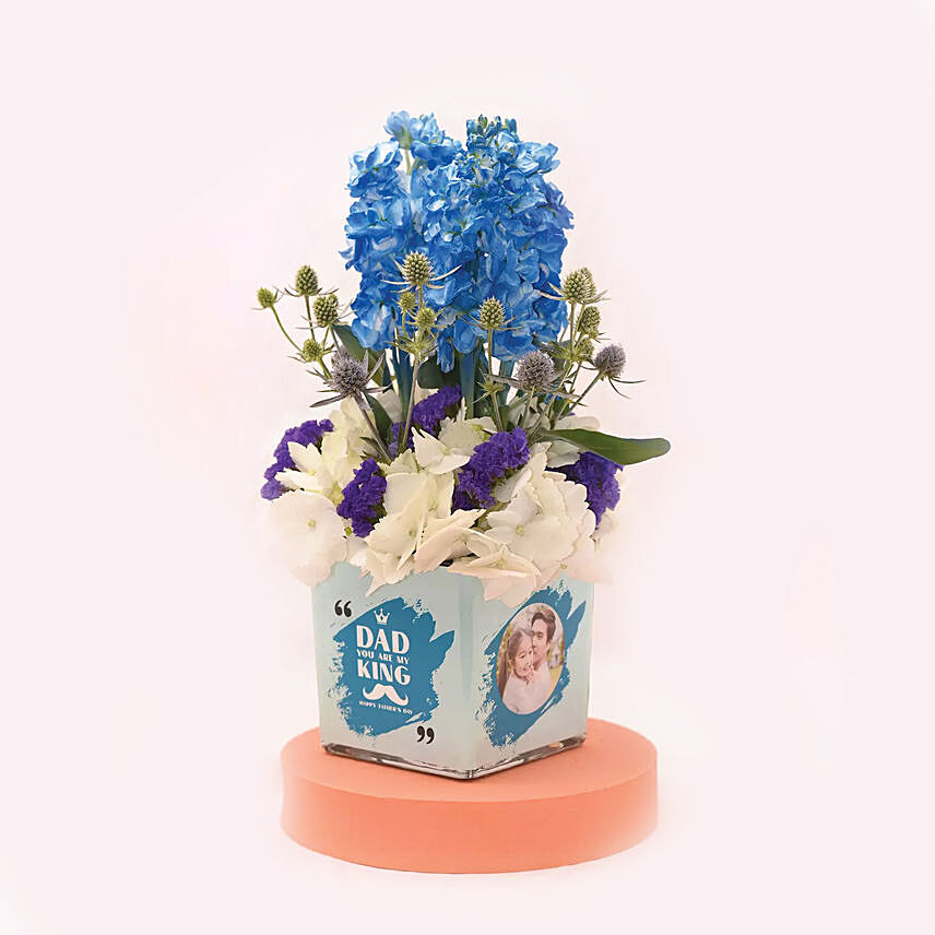 Charming Hydrangea In Square Personalised Glass vase: Blue Flowers Bouquets