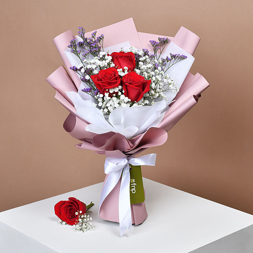 3 Red Roses Hand Bouquet: One Hour Flowers Delivery in Singapore