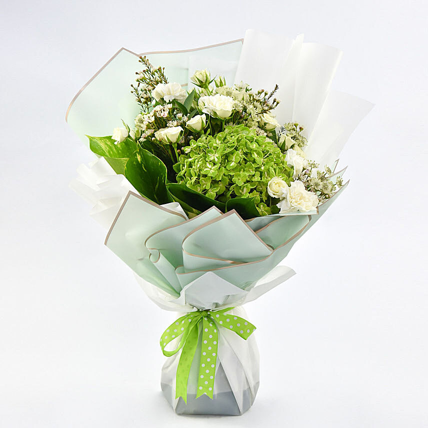 Green Hydrengea Bouquet with White Roses: Hydrangeas Bouquet