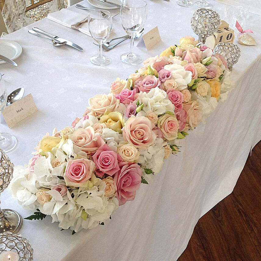 Long Floral Table Arrangement: Wedding Flowers
