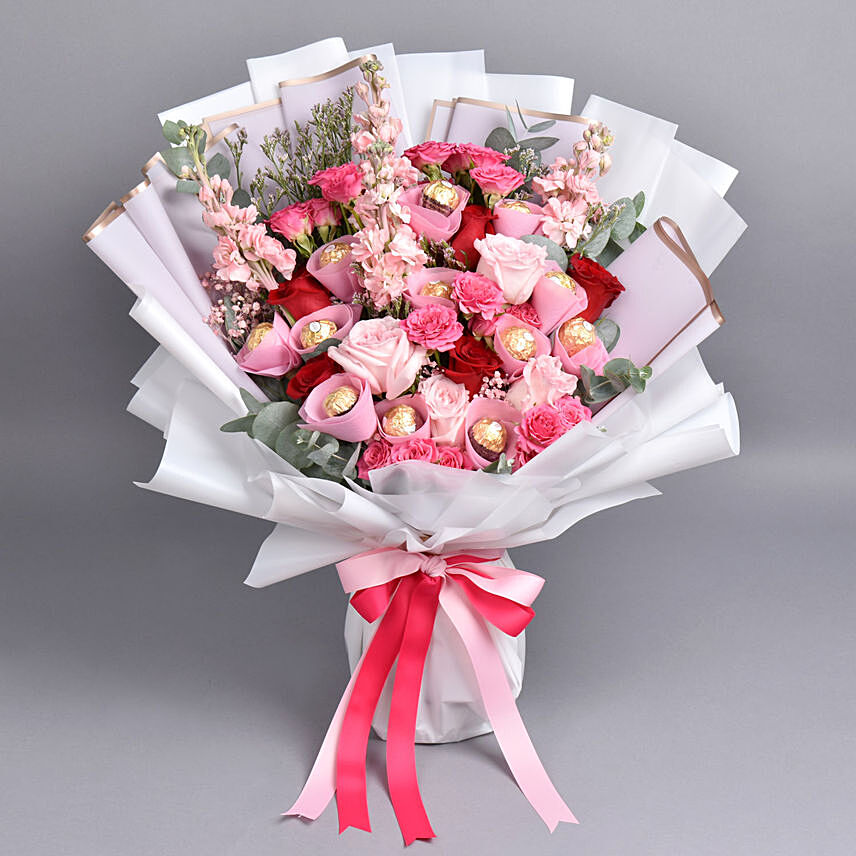 Pink Petals and Chocolates Bouquet: Anniversary Flowers Singapore