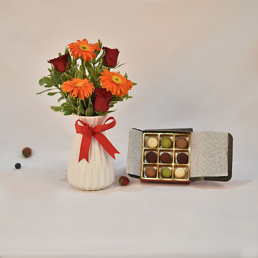 Gerbera & Roses Arrangement With Truffle Chocolate: Flower and Chocolates For Anniversary