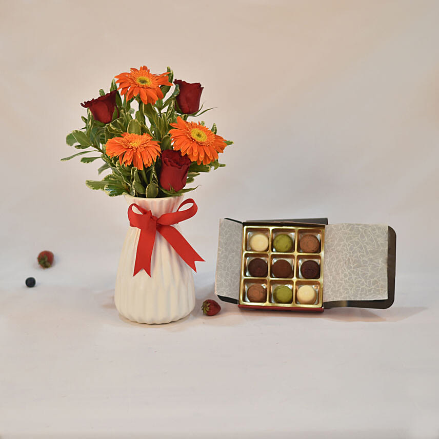 Gerbera & Roses Arrangement With Truffle Chocolate: Chocolate and Flower Bouquets