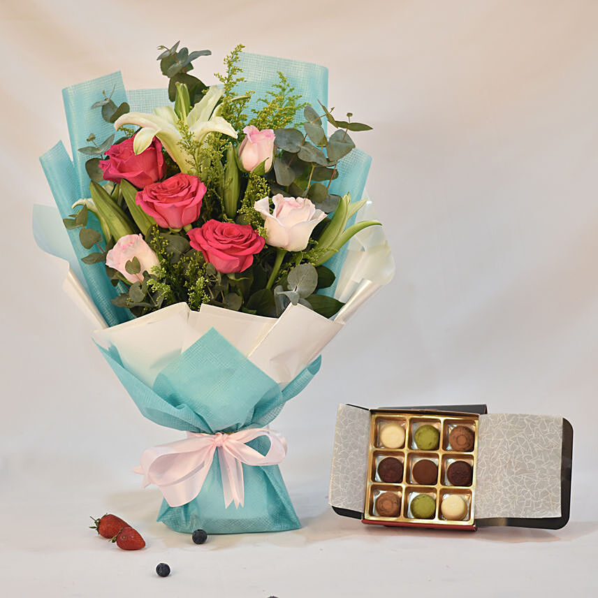 Hypnotic Bouquet With Truffle Chocolate: Bundle Of Flowers And Chocolates