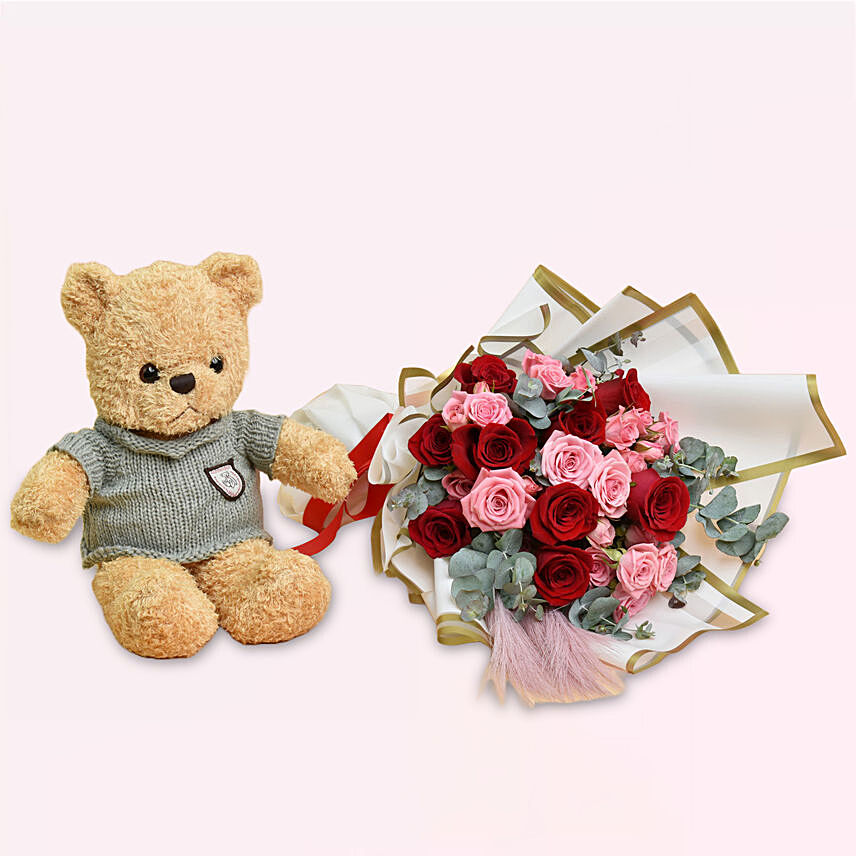Red and Pink Roses Beauty Bouquet and Teddy: Flowers With Teddy Bear