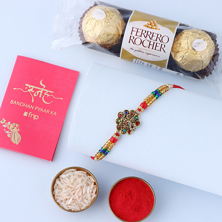 Sneh Designer Peacock Rakhi with Ferrero Rocher: Rakhi With Sweets