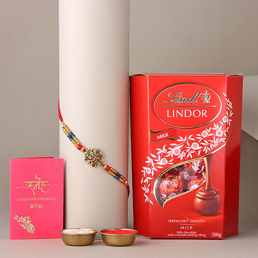 Sneh Designer Peacock Rakhi with Lindt Lindor Chocolate Box: 
