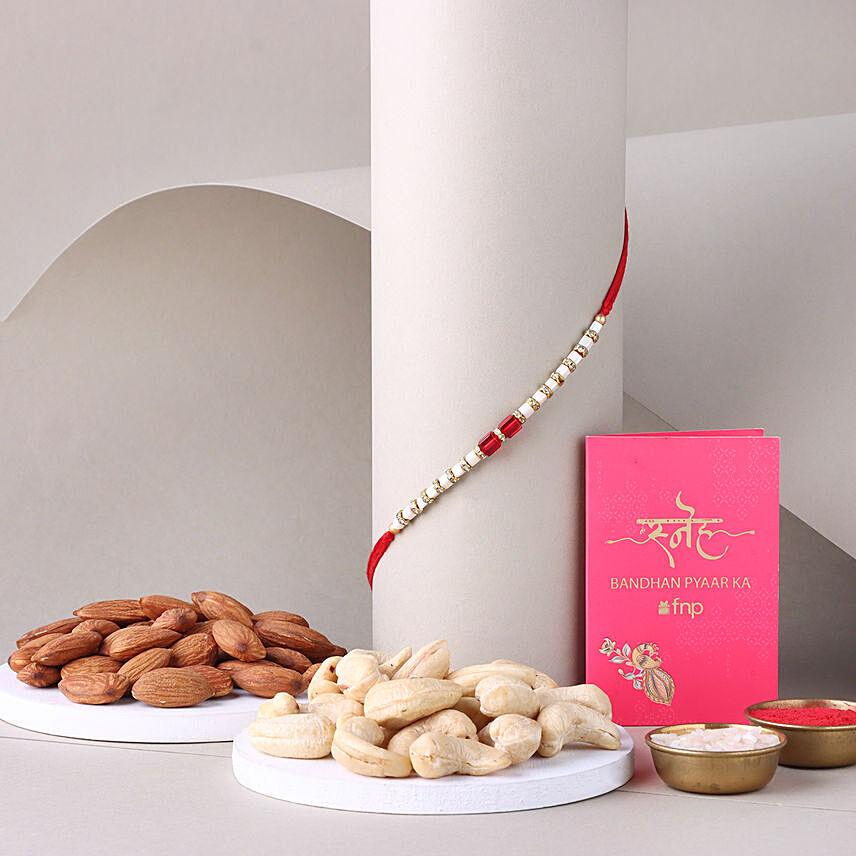 Sneh White and Red Bead Rakhi with Almond: Rakhi Gifts