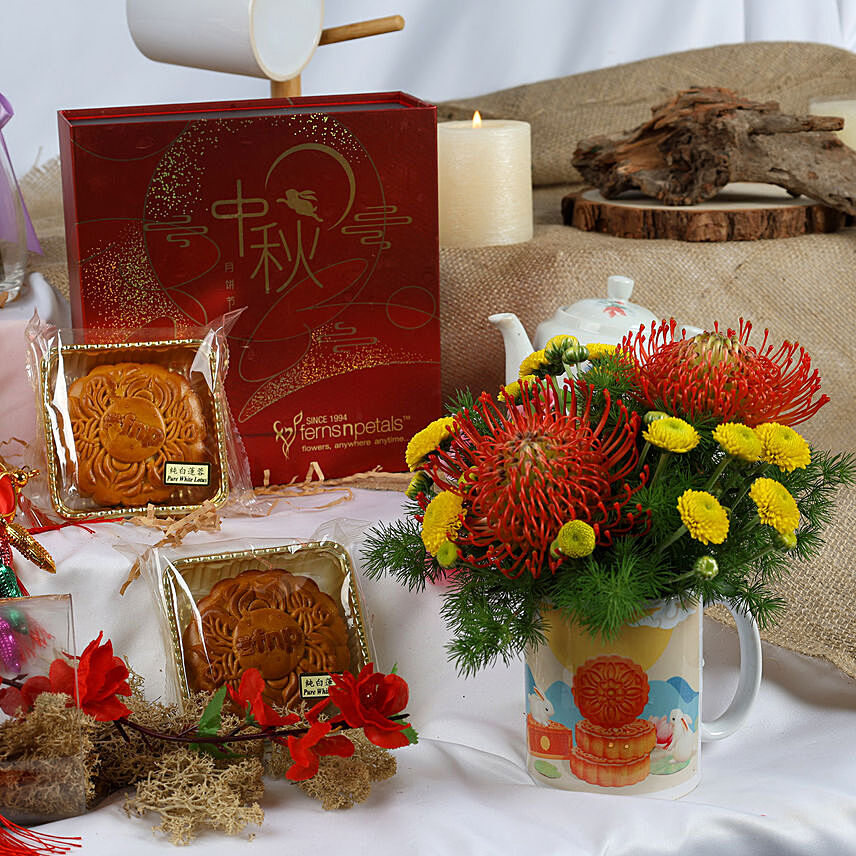 Mid Autumn Flowers in Mug and Moon Cake Bundle: Mid Autumn Gifts