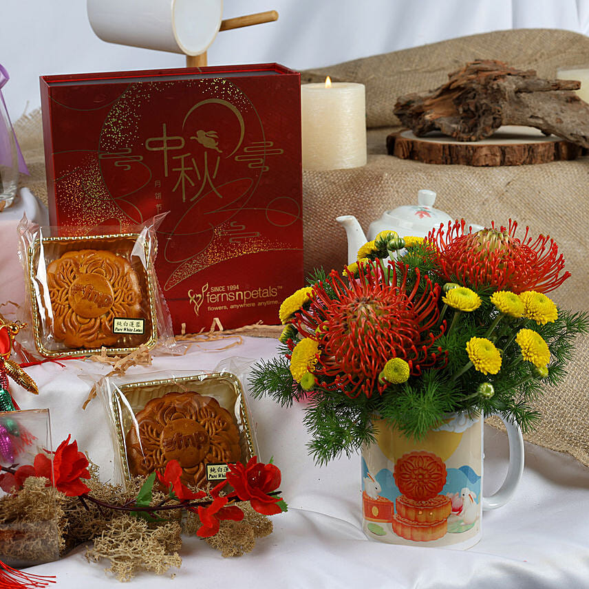 Mid Autumn Flowers in Mug and Moon Cake Bundle: Mid Autumn Festival Gifts