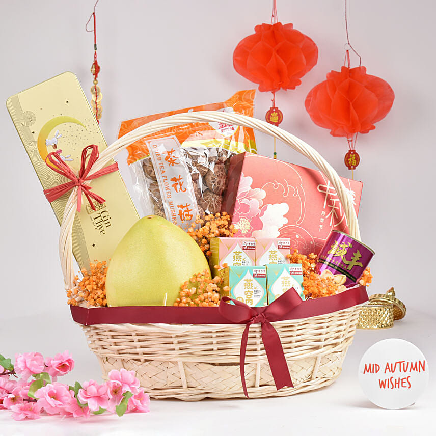 Happy Mid Autumn Wishes in Willow Basket: Mid Autumn Festival Gifts