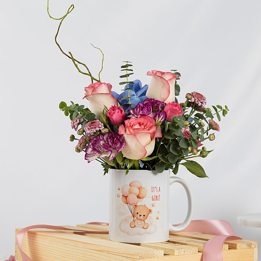 New Born Girl Flower Mug: Mixed Flowers