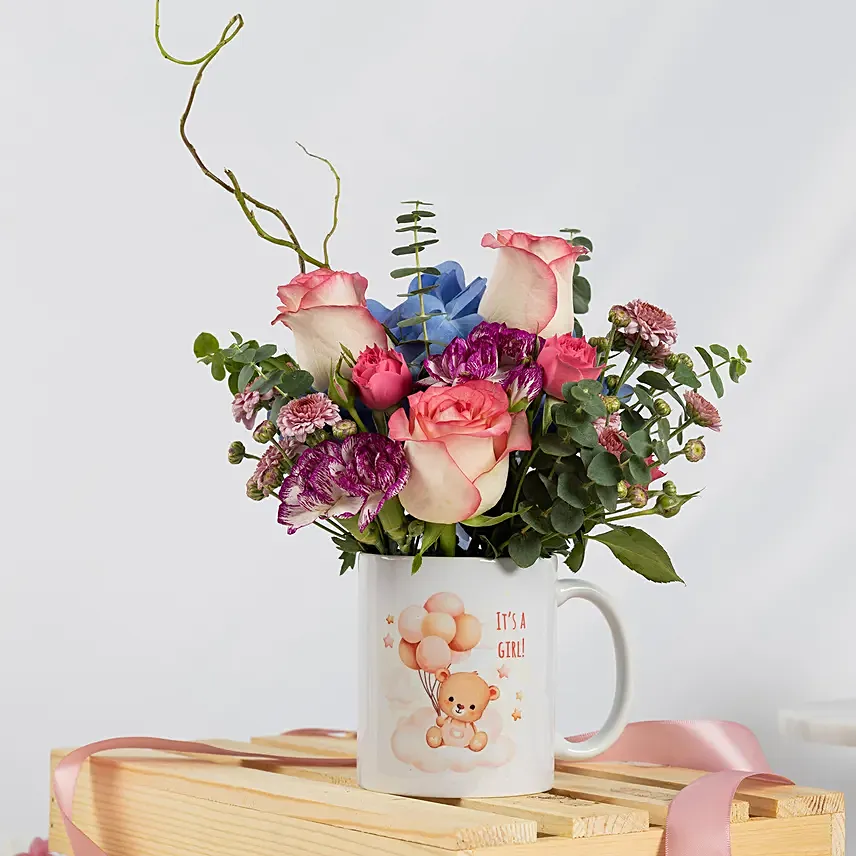 New Born Girl Flower Mug: Mixed Flowers Bouquet