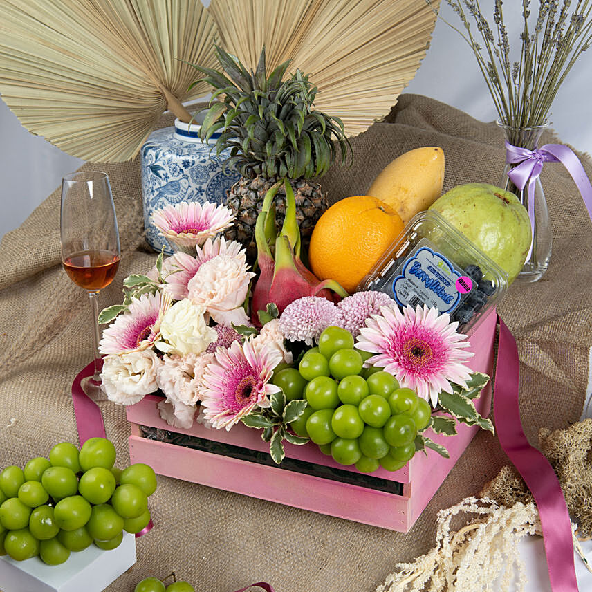 Pink Pearls Flowers and Fruit Tray: Fruit Hampers Singapore