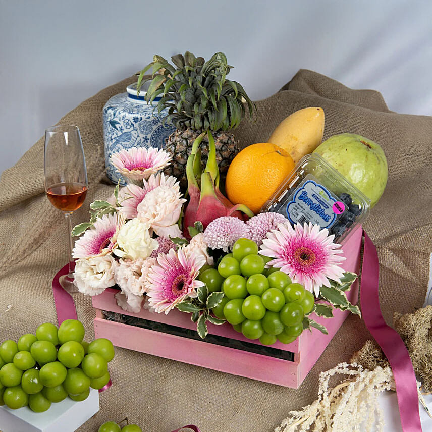 Pink Pearls Flowers and Fruit Tray: Fruit Hampers Singapore