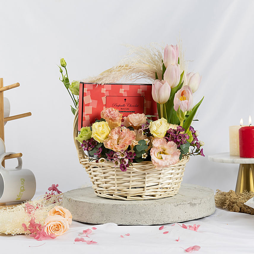 Royce Berry Cubes Chocolate and Flowers Basket: Tulips Bouquet