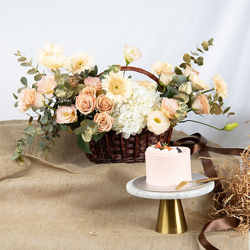 Fuzzy and Beautiful Flowers Basketwith Cake Combo: Bestseller Gifts