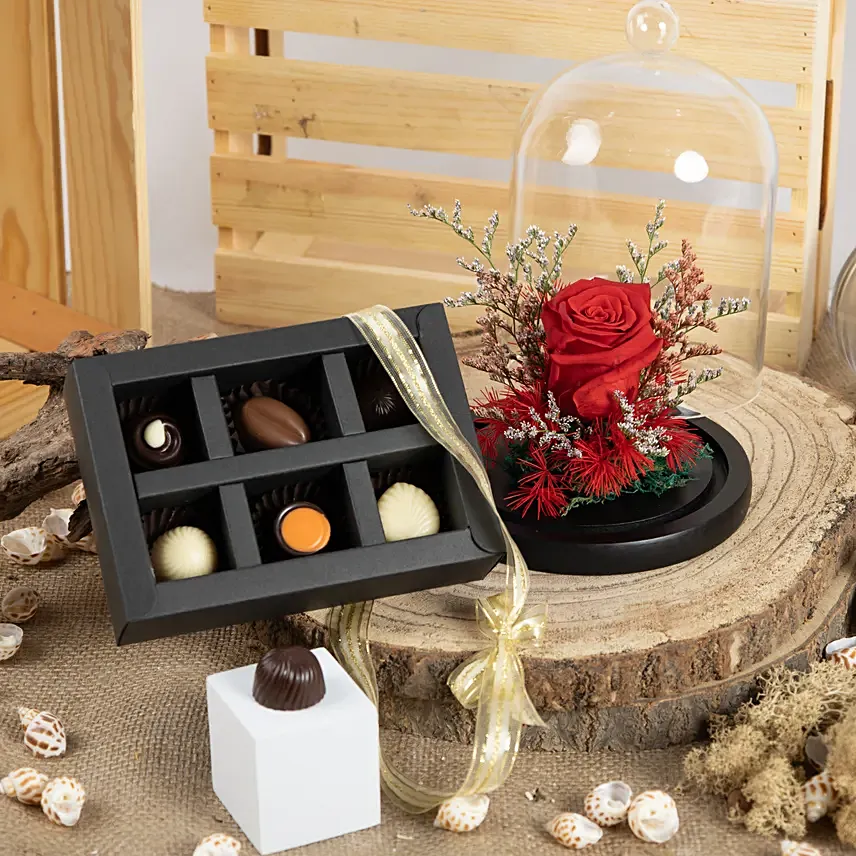 Red Forever Rose and Assorted Chocolate Box: 