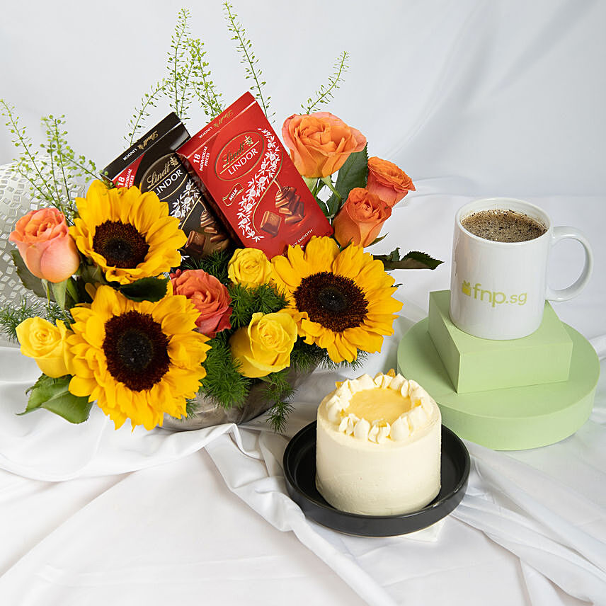 Sunflowers Glory with Cake & Chocolates: Roses 