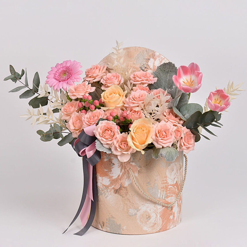 Roses and Tulips in peach Box: Fresh Flowers 