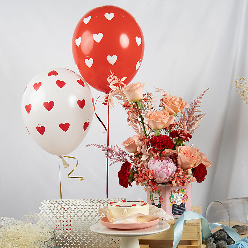 Anniversary Love Flower with Cake and Balloons: Carnations Bouquets