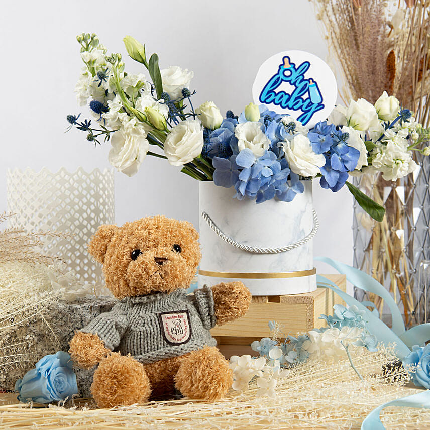 Baby Boy Celebration Flowers Box with Teddy: Blue Flowers Bouquets