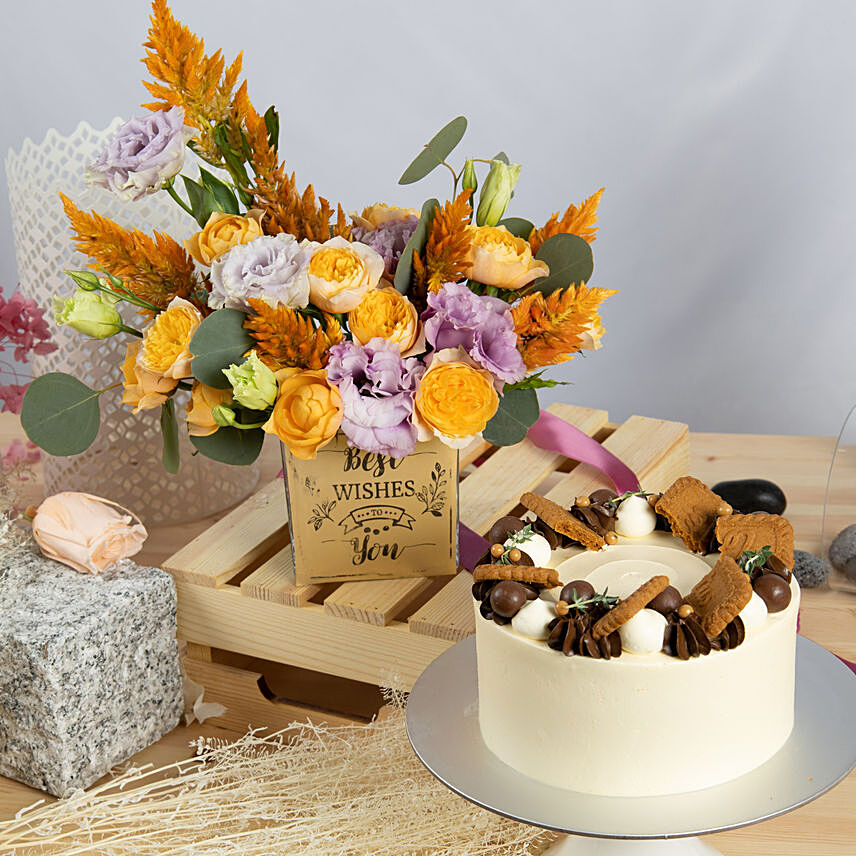 Best Wishes Flowers Arrangement and Cake Combo: Combo Gifts