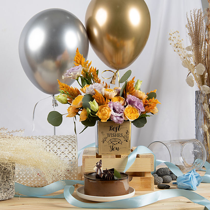 Best Wishes Flowers with Mono Cake & Balloons: Flower Arrangements With Cake