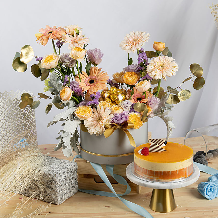 Flowers Harmony Chocolates and Cake Combo: Flower Arrangements With Cake