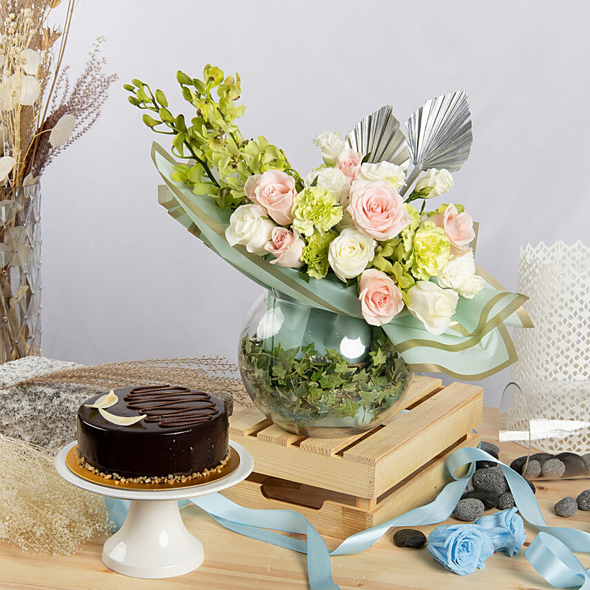 Forest Breeze Flowers Arrangement and Cake Combo: Cake For House warming
