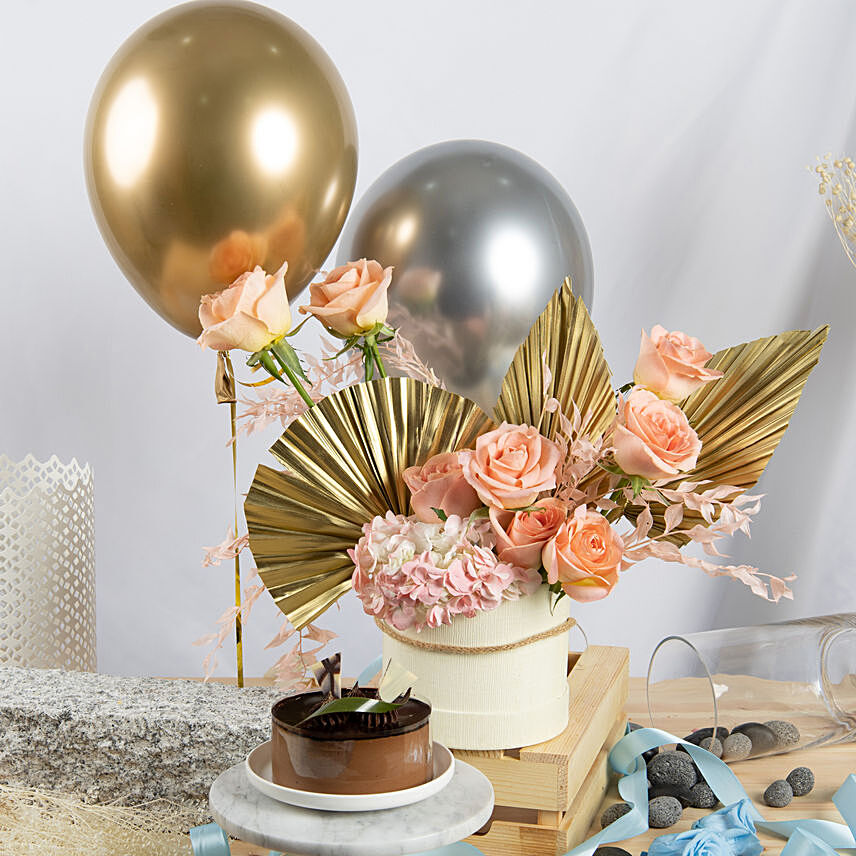 Shimmers Flowers Box with Balloons and Cake: Carnations Arrangements 