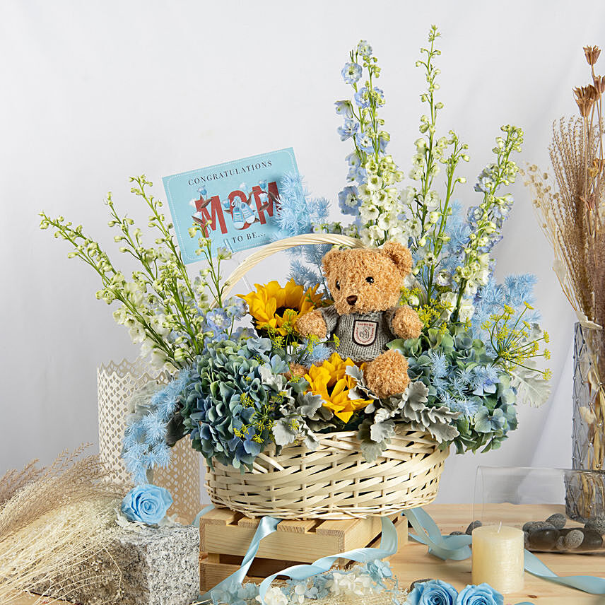 Congratulation MOM It's a Boy Flowers Basket: Blue Flower Bouquet