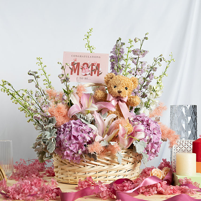 Congratulation MOM It's a Girl Flowers Basket: Flowers With Teddy Bear