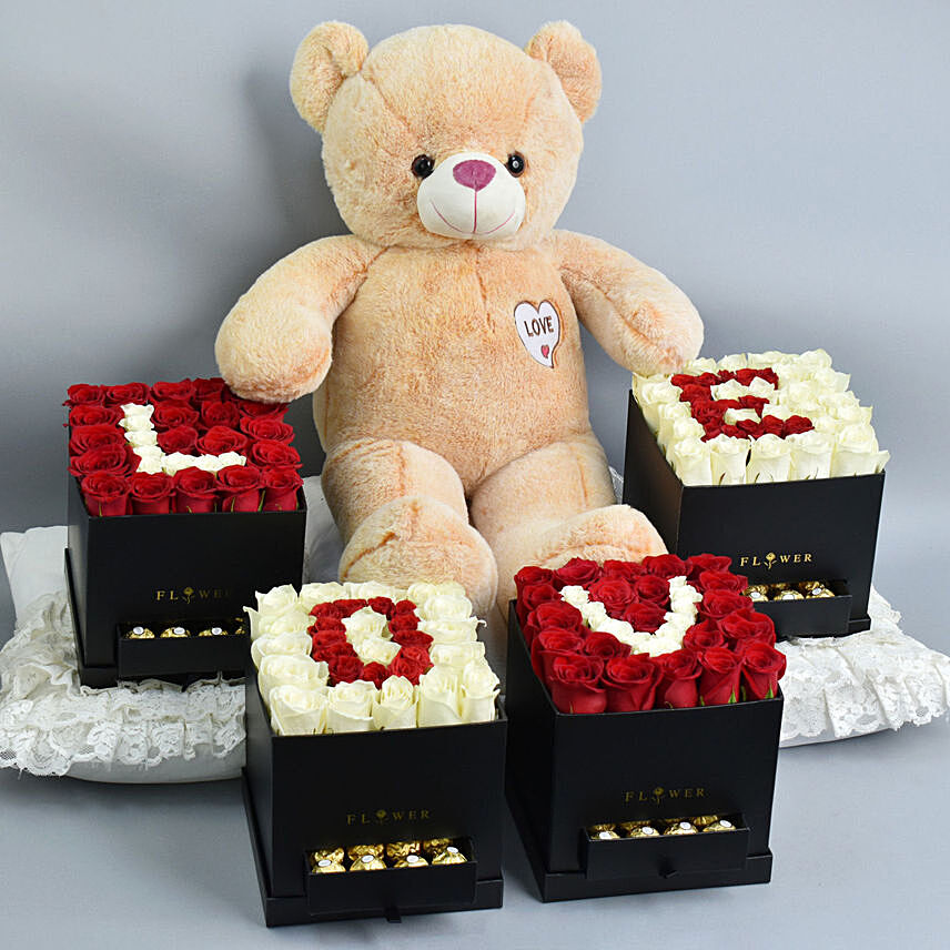 Love Box and Big Teddy: Plush Toys and Flowers