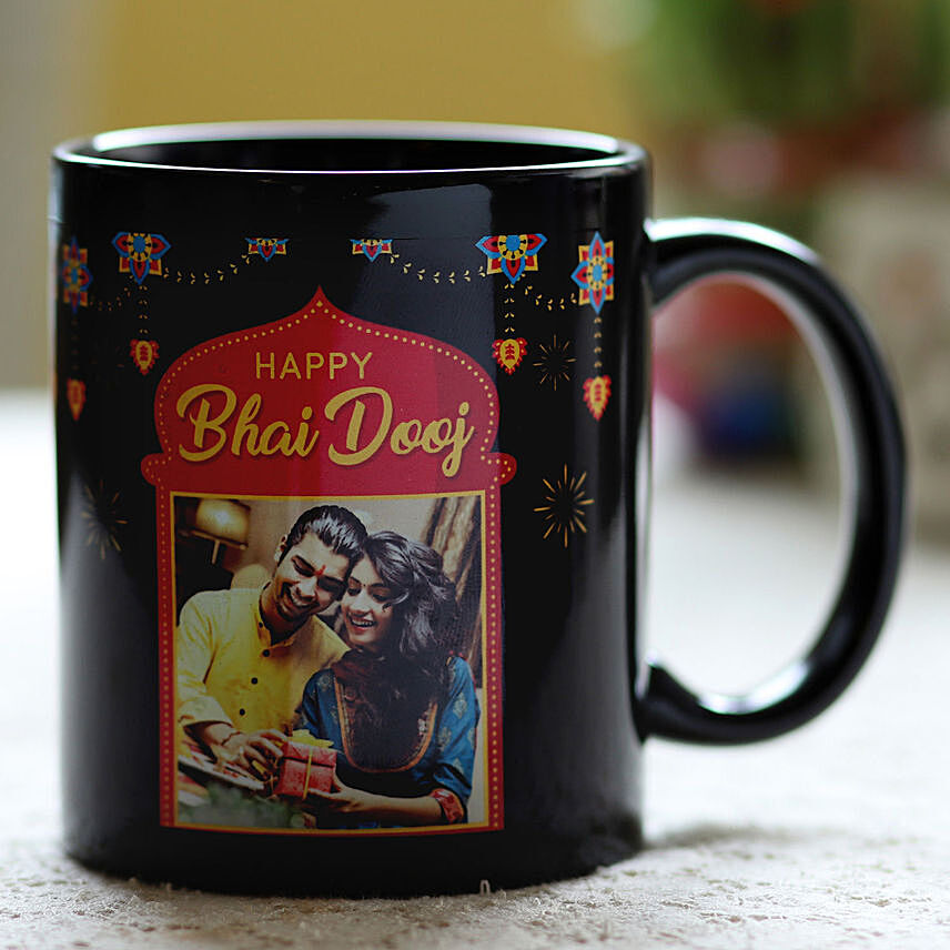 Personalised Bhai Dooj Wishes Black Mug: Gifts For Bhai Dooj