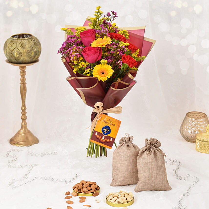 Sparks of Joy Diwali Flower Bouquet and Nuts: Deepavali Flowers