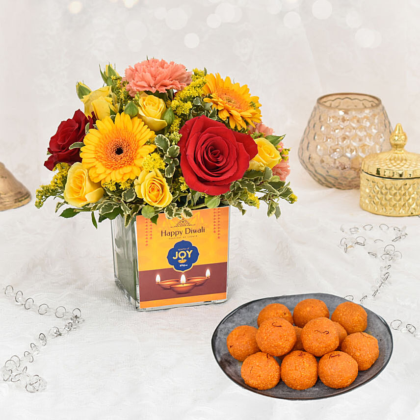 Sparks of Joy Diwali Flower Arrangement and Motichoor Laddoo: Diwali Gifts