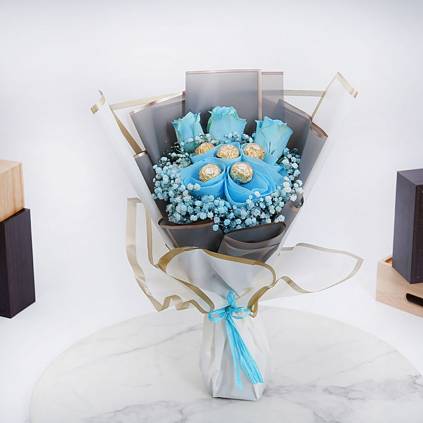 Blue Roses and Rochers Bouquet: Bhai Dooj Gifts